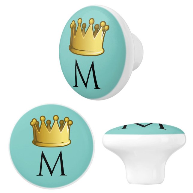 Regal Monogram Crown Soft Seafoam Green Ceramic Knob (Add regal charm to your space with these minty green monogram initial crown knobs!)