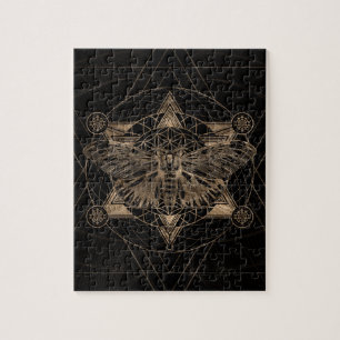 Regal moth in Sacred Geometry - Black and Gold Jigsaw Puzzle