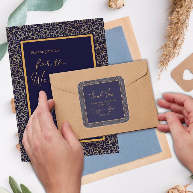Regal Navy and Gold Design Wedding Thank You Square Sticker (Regal Navy and Gold Design Wedding Thank You Square Sticker)