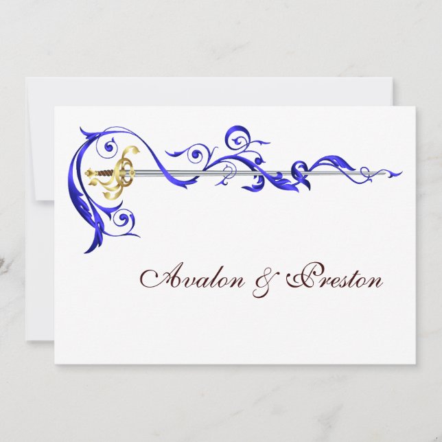 Regal Navy Scroll Ribbon Sword Wedding Invitation (Front)