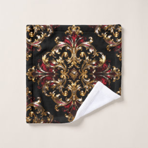 Regal Noir Pattern Gold Scrollwork & Crimson Bath Towel Set