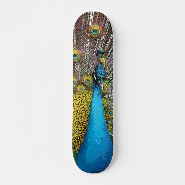 Regal Peacock with Teal Blue and Gold Feathers Skateboard (Front)