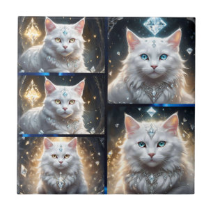Regal Persian White Fluffy Cat Photo Collage, Tile