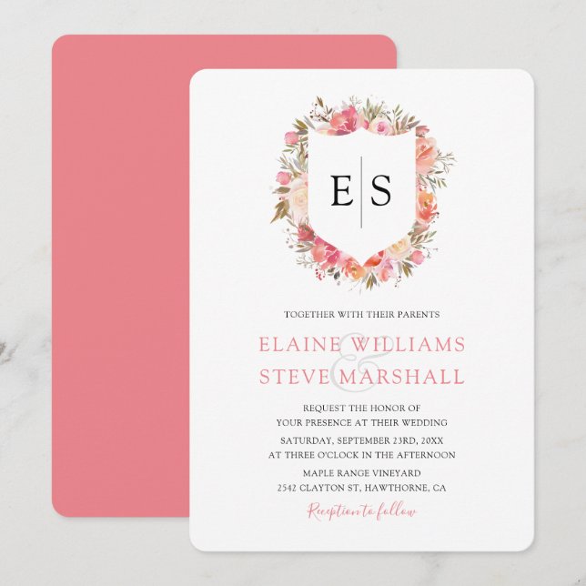 Regal Pink Floral Monogram Crest Wedding Invitation (Front/Back)