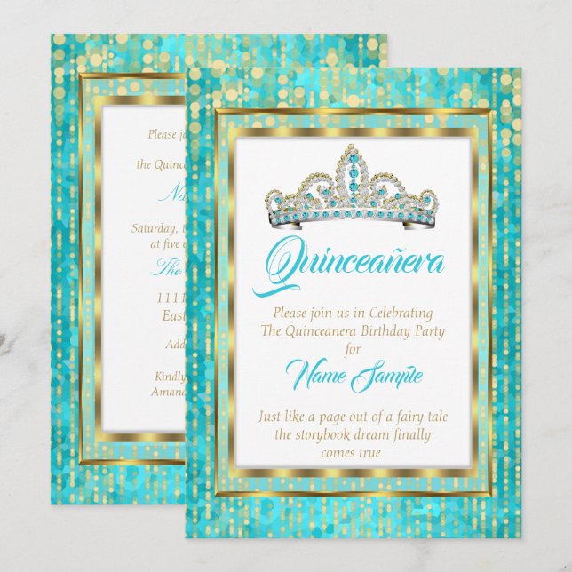 Regal Princess Blue Teal Quinceanera Gold White Invitation (Front/Back)