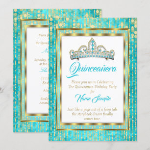 Regal Princess Blue Teal Quinceanera Gold White Invitation