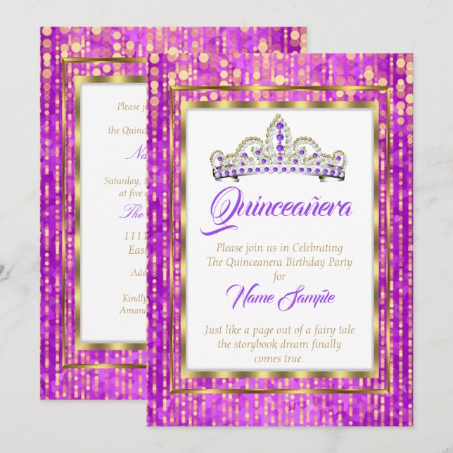 Regal Princess Purple Quinceanera Gold White Invitation (Front/Back)