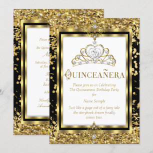 Regal Princess Quinceanera 15th Gold Black White Invitation