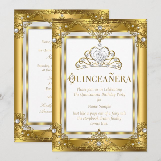 Regal Princess Quinceanera 15th Gold White Pearl Invitation (Front/Back)