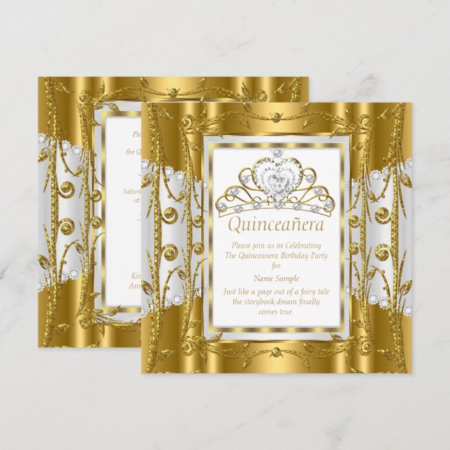 Regal Princess Quinceanera 15th Gold White Tiara Invitation (Front/Back)