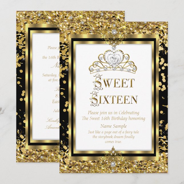 Regal Princess Sweet 16 Gold Black White Party Invitation (Front/Back)