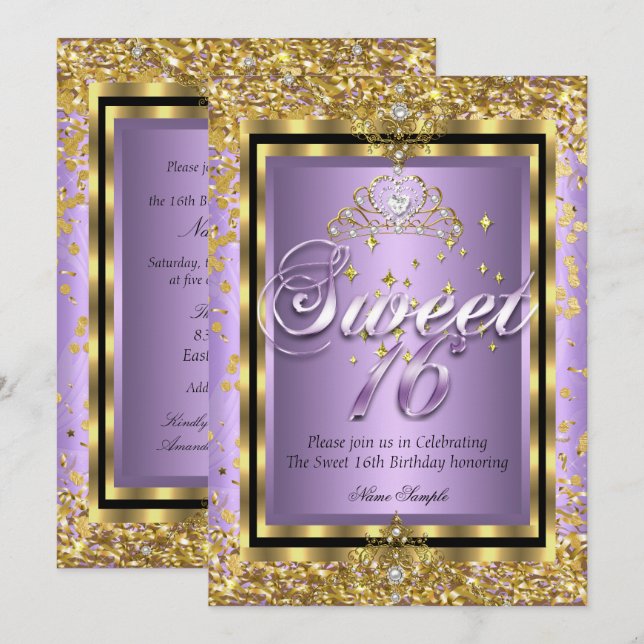 Regal Princess Sweet 16 Gold Lavender Purple Party Invitation (Front/Back)