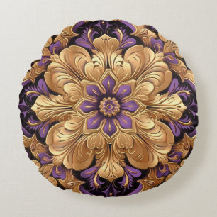 Regal Purple and Gold Floral Round Pillow