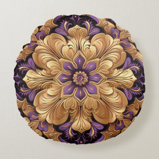 Regal Purple and Gold Floral Round Pillow (Front)