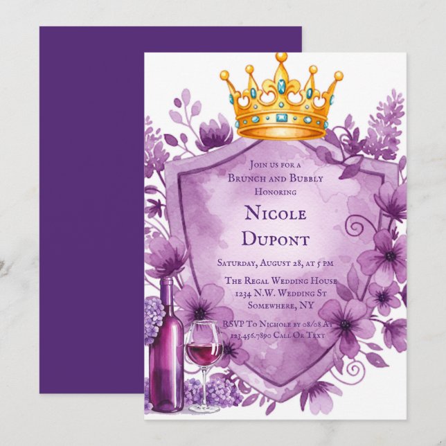 Regal Purple Floral Crest Bachelorette Party Invitation (Front/Back)
