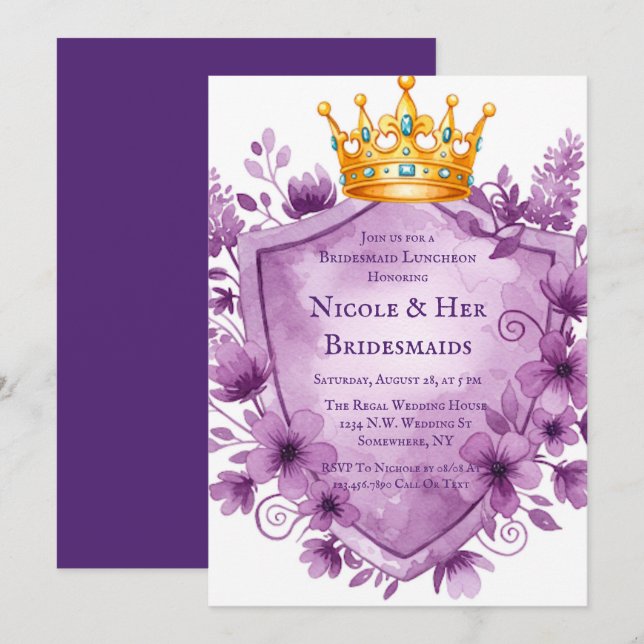 Regal Purple Floral Crest Bachelorette Party Invitation (Front/Back)