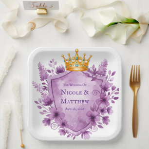 Regal Purple Floral Crest Wedding Paper Plate