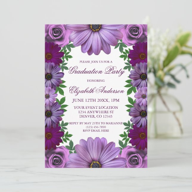Regal Purple Floral Graduation Party Invitation (Standing Front)