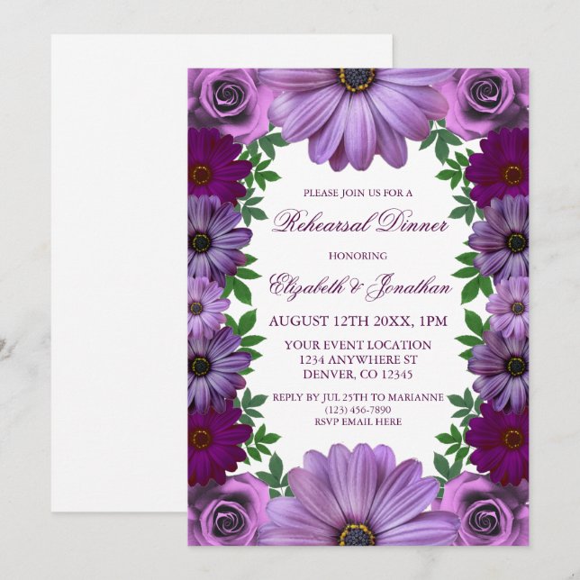 Regal Purple Floral Rehearsal Dinner Invitation (Front/Back)