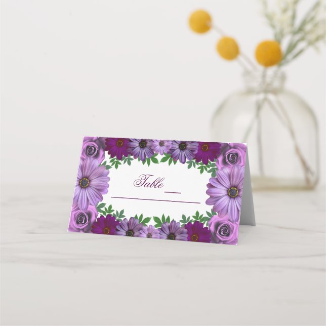 Regal Purple Floral Wedding Place Card (Front)