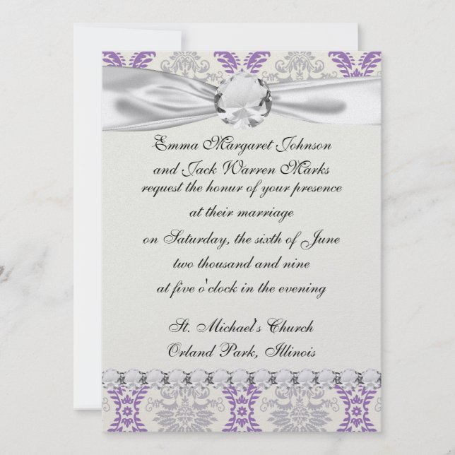 regal purple grey and cream damask design invitation (Front)