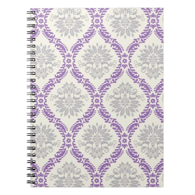 regal purple grey and cream damask design notebook (Front)