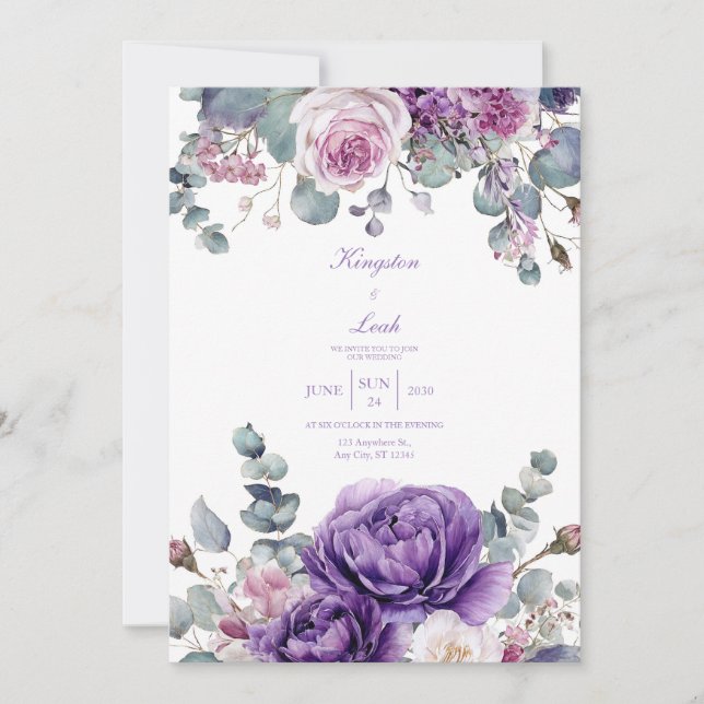 Regal Purple Peony and Rose Wedding Invitation (Front)