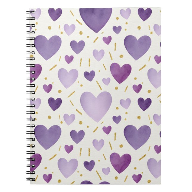 Regal Purple Watercolor Hearts Notebook (Front)