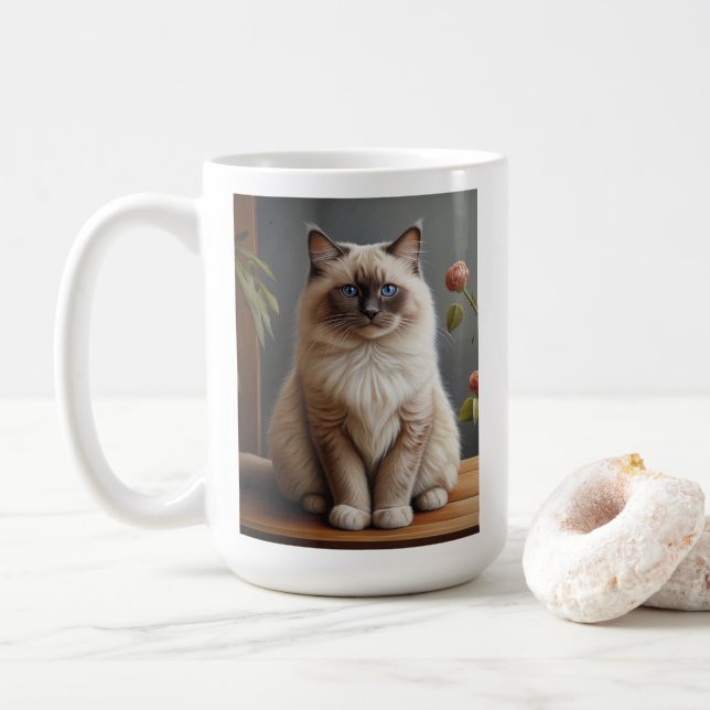 Regal Ragdoll Cat Portrait Fluffy Blue Eyed  Coffee Mug (With Donut)