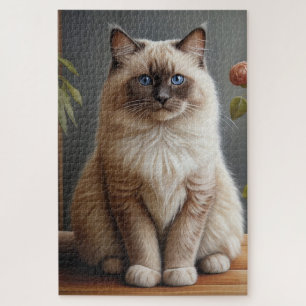 Regal Ragdoll Cat Portrait Fluffy Blue Eyed  Jigsaw Puzzle
