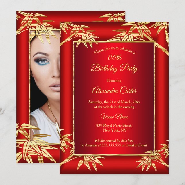 Regal Red Gold Bamboo photo Birthday Party Invitation (Front/Back)