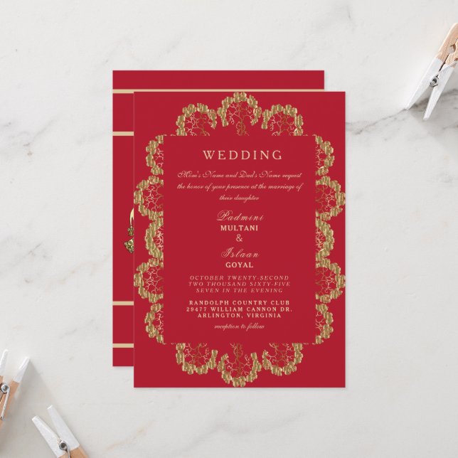 Regal Red & Gold Indian Style Wedding Invitation (Front/Back In Situ)