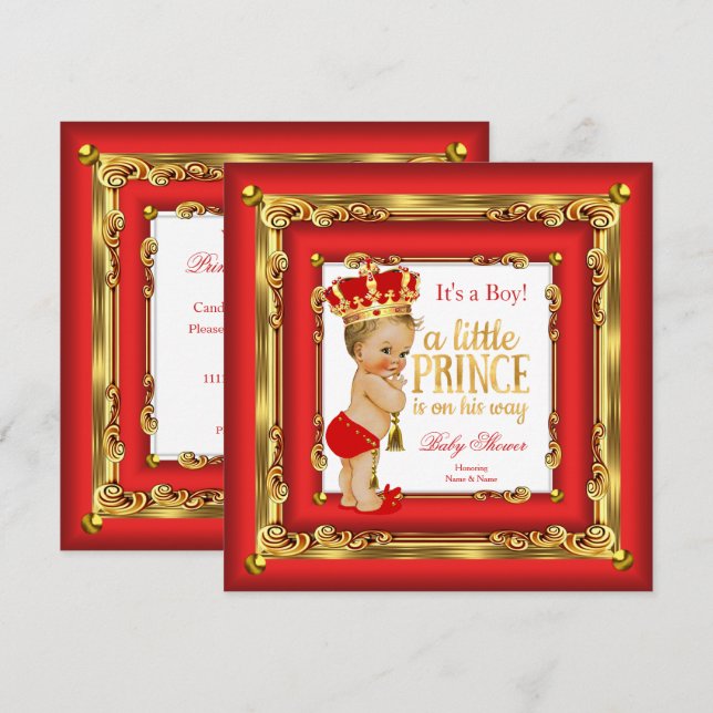Regal Red Gold Prince Baby Shower Blonde Boy Invitation (Front/Back)