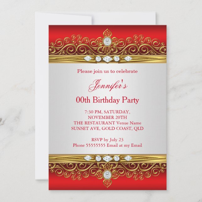 Regal Red Gold White Diamond Birthday Party Invitation (Front)