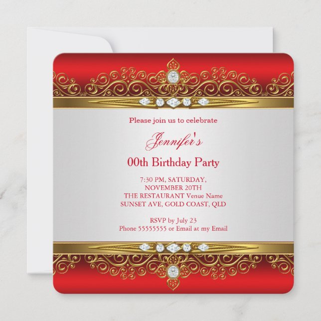 Regal Red Gold White Diamond Birthday Party Invitation (Front)