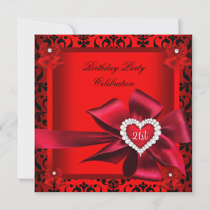 Regal Red Heart Damask 21st Birthday Party Invitation