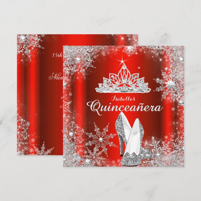 Regal Red Quinceanera Silver Tiara 15th Birthday Invitation (Front/Back)