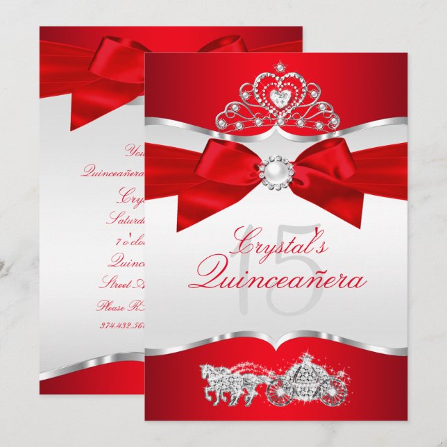 Regal Red Silver Tiara Pearl Bow Quinceanera Invitation (Front/Back)
