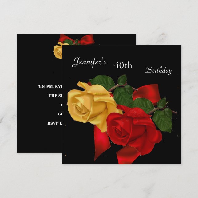 Regal Red Yellow Rose 40th Birthday Party Black Invitation (Front/Back)