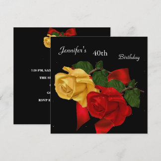 Regal Red Yellow Rose 40th Birthday Party Black Invitation