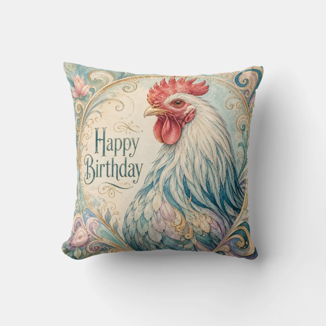 Regal Rooster Birthday Flourish Cushion (Front)