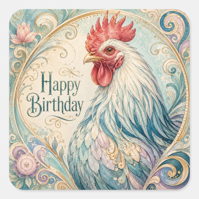 Regal Rooster Birthday Flourish Square Sticker (Front)