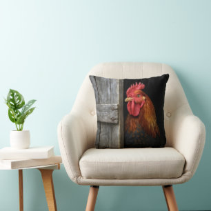 Regal Rooster Peeking Around Barn Door Cushion