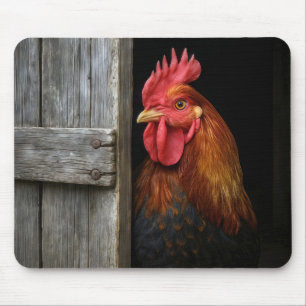 Regal Rooster Peeking Around Barn Door Mouse Mat
