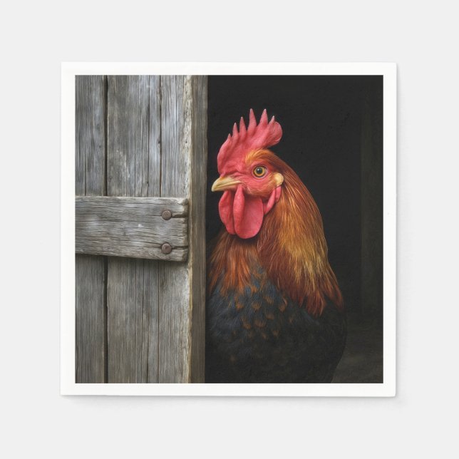 Regal Rooster Peeking Around Barn Door Napkin (Front)