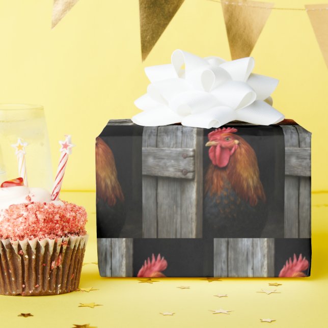 Regal Rooster Peeking Around Barn Door Wrapping Paper (Birthday Party)