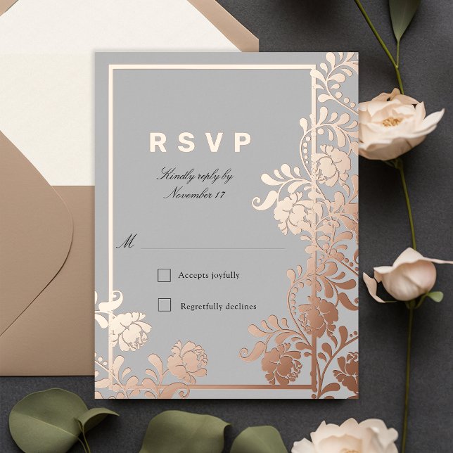 Regal Rose Gold Flowers Grey Wedding RSVP Foil Invitation Postcard (Creator Uploaded)