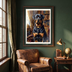 Regal Rottweiler in Library Portrait Poster