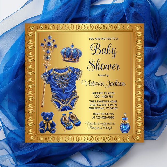 Regal Royal Blue Gold Prince Baby Shower Invitation (Celebrate your little prince with  our royal blue and gold royal essentials baby shower invitation!)