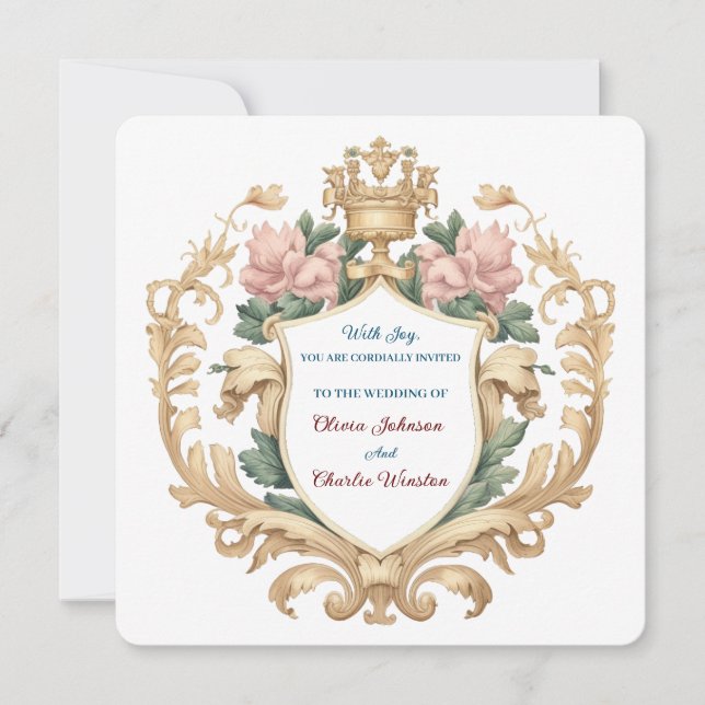 Regal Royal Crest Floral Wedding Elegant Romantic Invitation (Front)